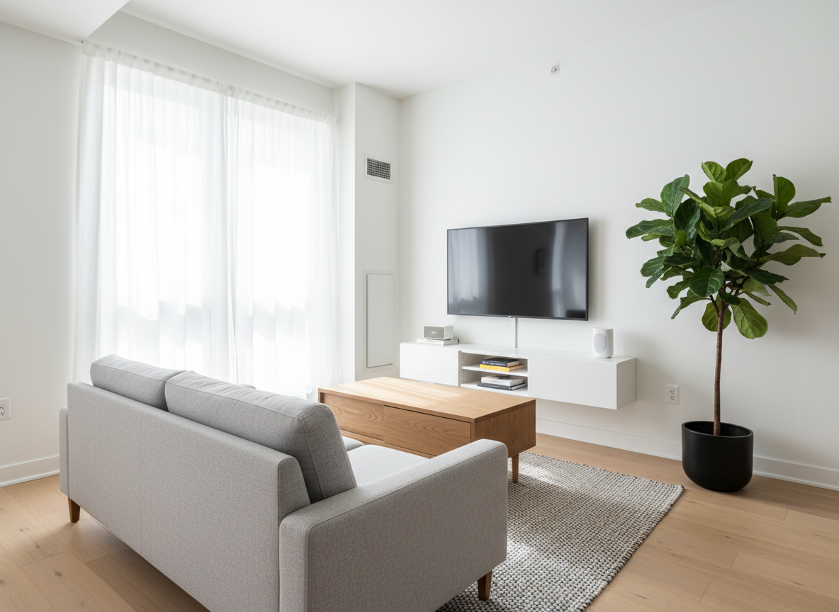 A compact but meticulously organized studio apartment living area, featuring a low-profile light gray fabric sofa with clean lines, a slim white wall-mounted media shelf, and a narrow oak coffee table with hidden storage. The walls are crisp white, with a single large, leafy plant in a matte black pot adding a touch of green. Natural daylight pours in from a tall window on the left, softened by sheer curtains, casting gentle shadows and subtle highlights on smooth surfaces. Photographed at eye level with a wide angle, the entire space feels open and airy. The mood is calm, professional, and aspirational, with photographic realism and a clean, modern aesthetic emphasizing smart use of limited space.