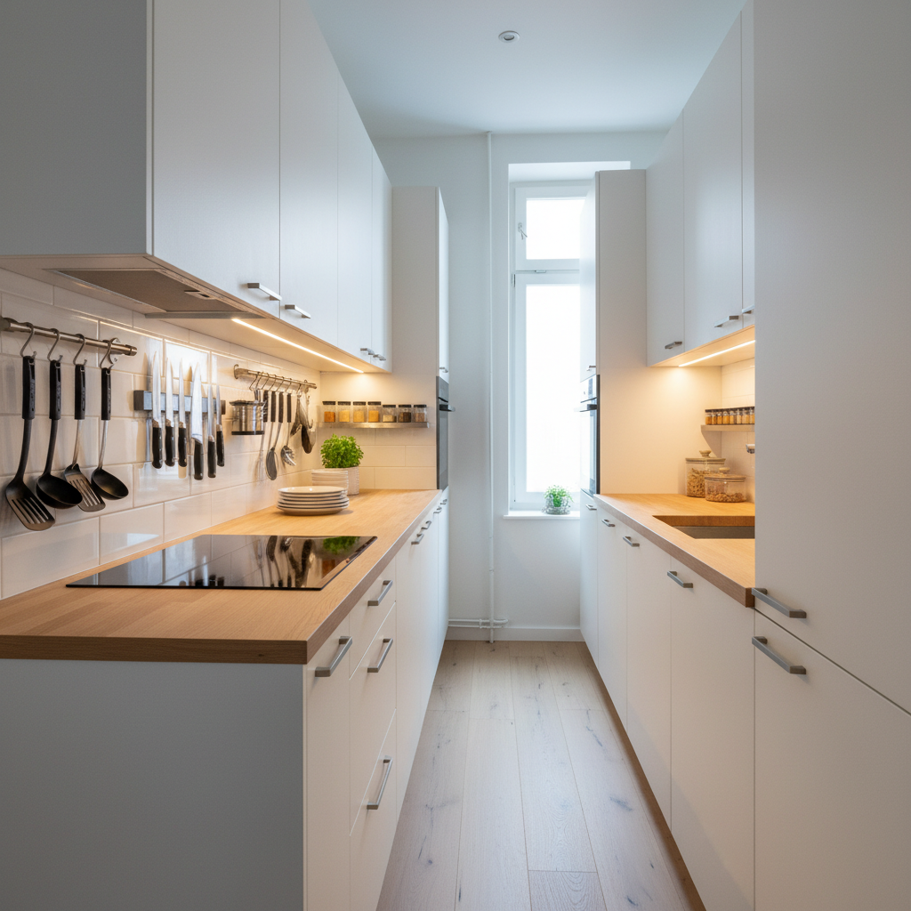A tiny yet efficient galley kitchen in a small apartment, featuring matte white flat-front cabinets, slim brushed steel handles, and a pale oak countertop with an integrated induction cooktop. A magnetic knife strip, rail with hanging utensils, and neatly labeled glass spice jars maximize vertical storage along the backsplash. Under-cabinet LED strips cast a warm, even glow onto the work surface, while cool daylight from a distant window adds soft ambient light, creating balanced illumination. Shot from a slightly elevated angle down the narrow aisle, with sharp focus throughout to emphasize every storage detail. The mood is orderly and practical, photographic realism highlighting clever organization solutions for small-space living in a professional, design-forward style.